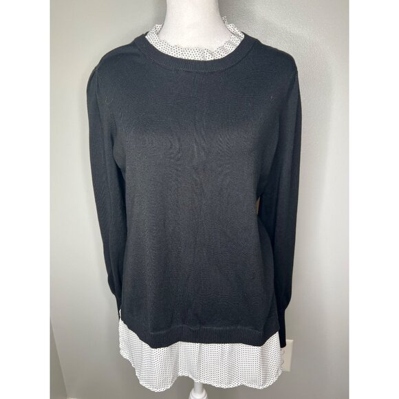 Adrianna Papell Twofer Ruffle Neck Black & Ivory Polka Dot Layered Sweater M - Picture 9 of 15